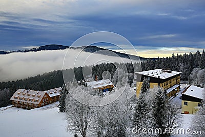 Hill, Arber (Germany), Cloudes and trees, winter landscape in Å umava in Å½eleznÃ¡ Ruda, czech republic Stock Photo