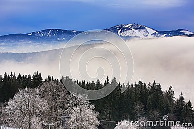 Hill, Arber (Germany), Cloudes and trees, winter landscape in Å umava in Å½eleznÃ¡ Ruda, czech republic Stock Photo