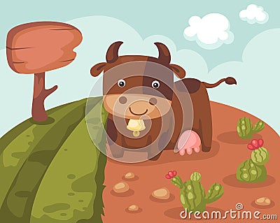 Hill landscape with cow Vector Illustration