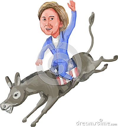 Hillary Clinton Riding Democrat Donkey Caricature Cartoon Illustration