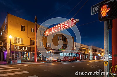 Hillcrest sign at night, San Diego California. Editorial Stock Photo