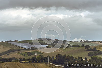 Hills landscape with solar panels Stock Photo