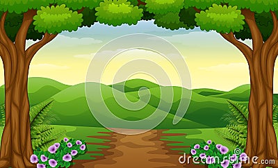 Hills view with dirt path in the forest Vector Illustration