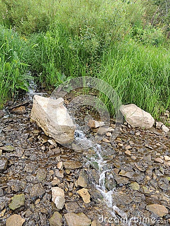 Hillside running brook stone grass Stock Photo