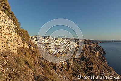 Hillside view from the cable car with sunset, Santorini, Greece. Stock Photo