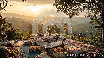 Hilltop Picnic with Panoramic View Stock Photo