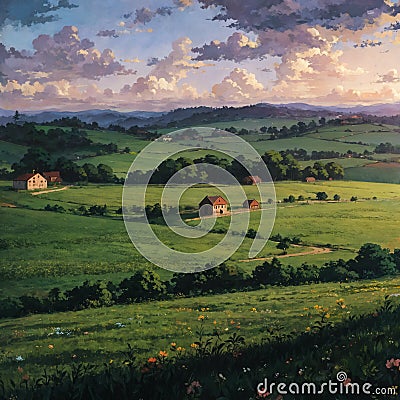 Hilly expanses with small houses. Stunning countryside scenery. Generative AI Stock Photo