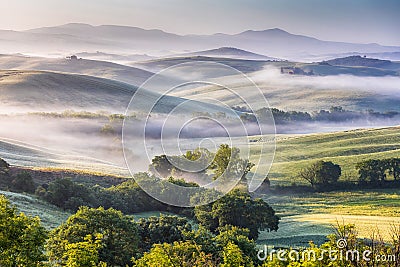 Hilly Tuscany valley at morning Stock Photo