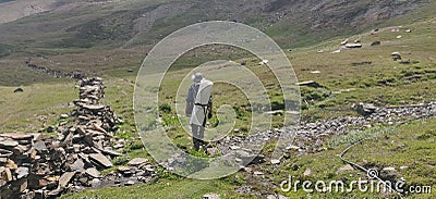 Himachal, India - July 10th, 2022 : Man with trekking bag in the mountain, summer hike with backpacks, himalayan view Stock Photo