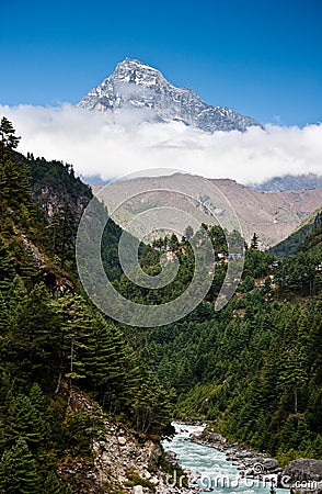 Himalaya mountains Landscape: peak, stream and forest Stock Photo