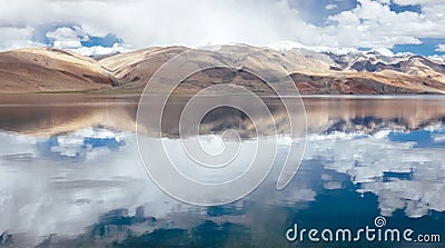 Himalayan mountains mirrored reflected in Tso Moriri mountain Lake water surface near Karzok or Korzok village in the Leh district Stock Photo