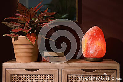 Himalayan salt lamp, books and houseplants on wooden console table indoors Stock Photo