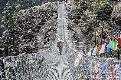 Himalayan sherpa porter on rope bridge Editorial Stock Photo