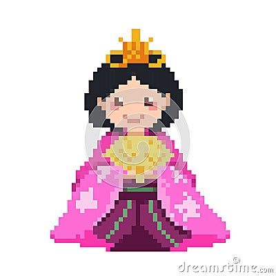 Hinamatsuri female hina doll pixel art Vector Illustration