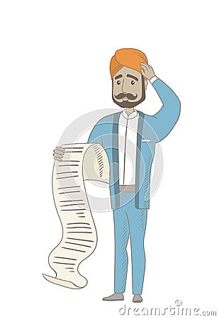 Hindu accountant holding a long bill. Vector Illustration