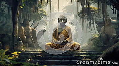 Hindu ancient religious buddha statue in dense tropical forest jungle. Stock Photo