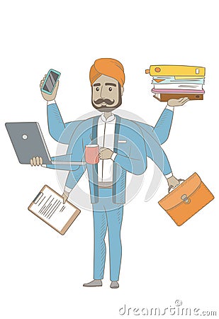 Hindu businessman coping with multitasking. Vector Illustration