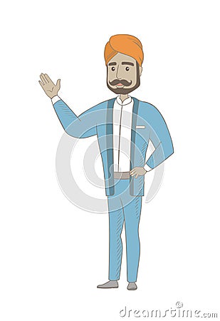 Hindu businessman pointing at something by hand. Vector Illustration