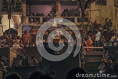 Hindu ceremony in Varanasi as seen from a boat by night, India Editorial Stock Photo