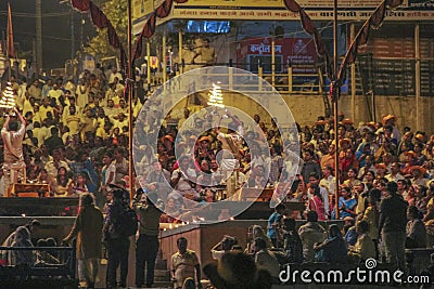 Hindu ceremony in Varanasi as seen from a boat by night, India Editorial Stock Photo