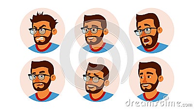 Hindu Character Business People Avatar Vector. Bearded Man Face, Emotions Set. Creative Avatar Placeholder. Cartoon Vector Illustration