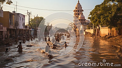 Hindu devotees bathing in the holy Ganga river at sunset Stock Photo