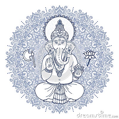 Hindu elephant head God Lord Ganesha. Hand drawn paisley background. Vector Illustration