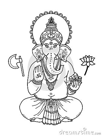 Hindu elephant head God Lord Ganesha. Indian, Hindu motifs. Tattoo, yoga, spirituality, textiles. Vector Illustration