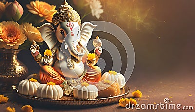 Hindu elephant-headed god Ganesh with offerings Stock Photo