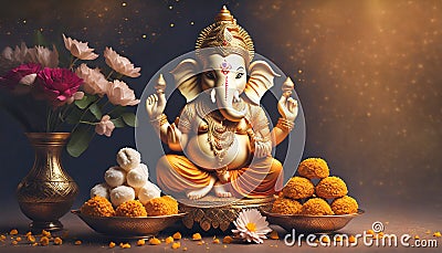 Hindu elephant-headed god Ganesh with offerings Stock Photo