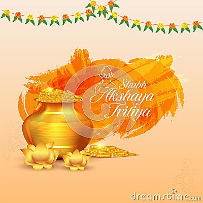 Hindu festival Akshaya Tritiya concept with Akshaya Tritiya wishes, golden kalash with full of gold coins, golden lotus, and Stock Photo
