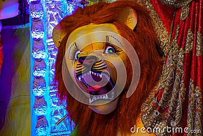 Hindu festival Maha Durgotsab picture. The face of Lion. It is a sculpture made by the artist with clay and straw Stock Photo