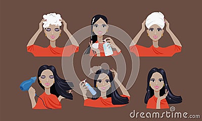 Hair care with various means of care Vector Illustration