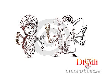 Hindu God Laxmi Ganesh at Diwali Festival Vector Illustration