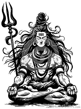 Hindu God Shiva Linocut Vector Illustration