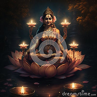 Hindu godess Laxmi sitting on lotus Magical glow - Generted by generative AI Stock Photo