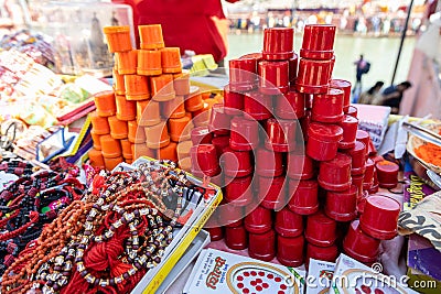 hindu holy vermilion kept for selling at street shop at morning Stock Photo