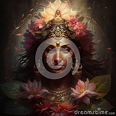 hindu indian beautiful goddess lakshmi head morphing into flower generative AI Stock Photo