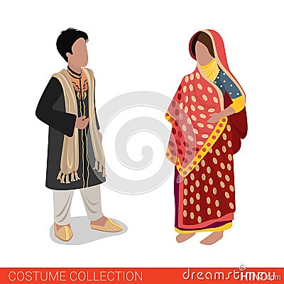 Hindu Indian couple flat 3d isometric costume collection Vector Illustration