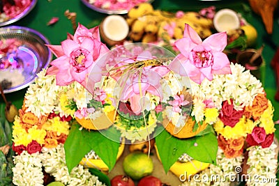 Hindu Indian wedding ceremony, flowers. Stock Photo