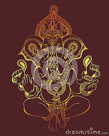 Hindu lord ganesha ornate gold sketch drawing, tattoo, yoga, Vector Illustration