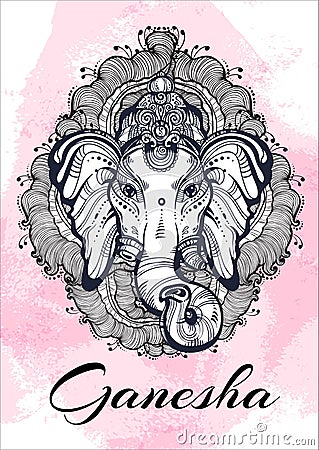 Hindu Lord Ganesha over watercolor background. Beautiful floral elements aroud. High-detailed vector illustration, tattoo art. Vector Illustration