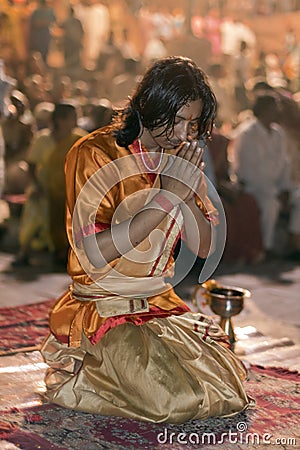 Hindu Man at Ganga Aarti Ceremony Editorial Stock Photo