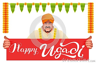 Hindu man holds banner happy ugadi Vector Illustration