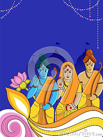 Hindu Mythology Lord Rama With His Wife, Brother Lakshman Character And Copy Space On Blue Temple Or Ayodhya View Stock Photo