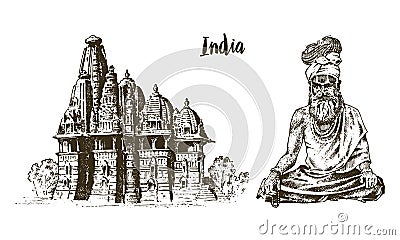 Hindu in national dress. Indian spiritual monk meditating. Traditional religious sadhu. engraved hand drawn in old Vector Illustration