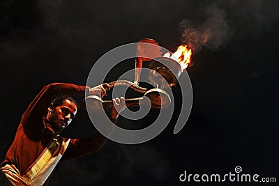 Hindu priest worship at Varanasi, India Editorial Stock Photo