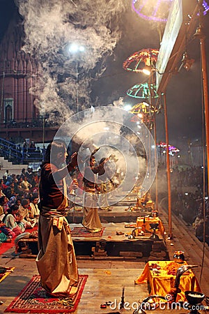 Hindu priest worship at Varanasi, India Editorial Stock Photo