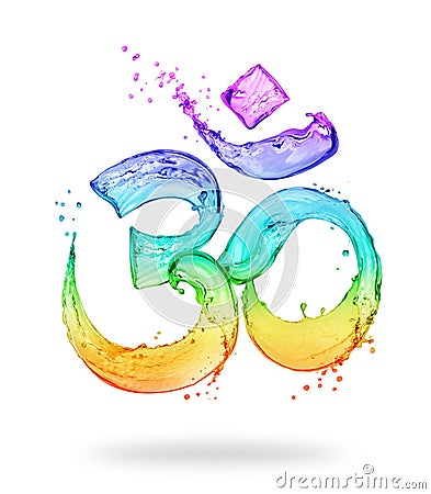 Hindu sign Om made of colored water splashes on white background Stock Photo