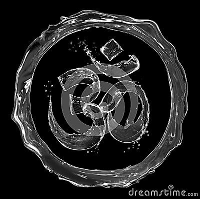 Hindu sign Om made of water splashes on black background Stock Photo